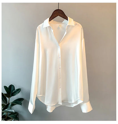 Gadinus Women Solid Color Long Sleeve Button Up Shirt Loose Fit Curved Hem Casual Blouse Top