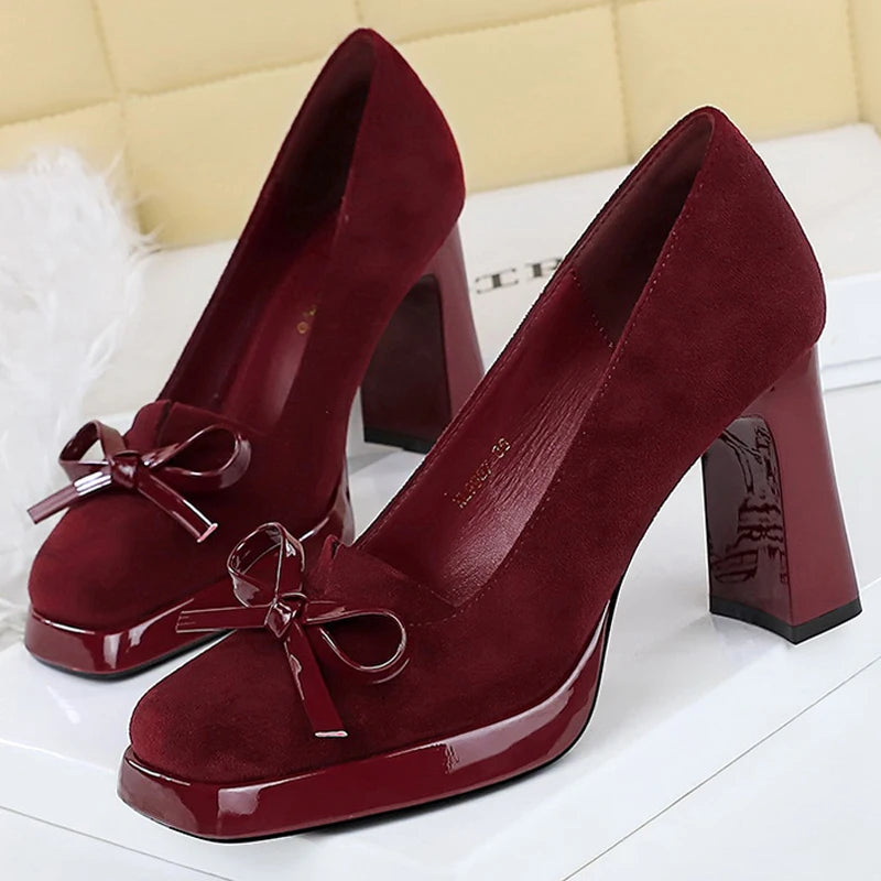 BIGTREE Shoes Chunky Block Heels Women Pumps Bow Decoration High Heels Square Headed Platform High Heels Suede Ladies Shoes 2026