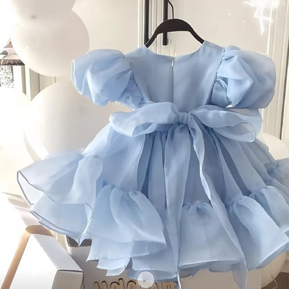 2026 Summer Girls Puff Sleeve Mesh Princess Dresses Sweety Bow Kids Wedding Clothing 1-10years Old Baby Girls Birthday Party Dre