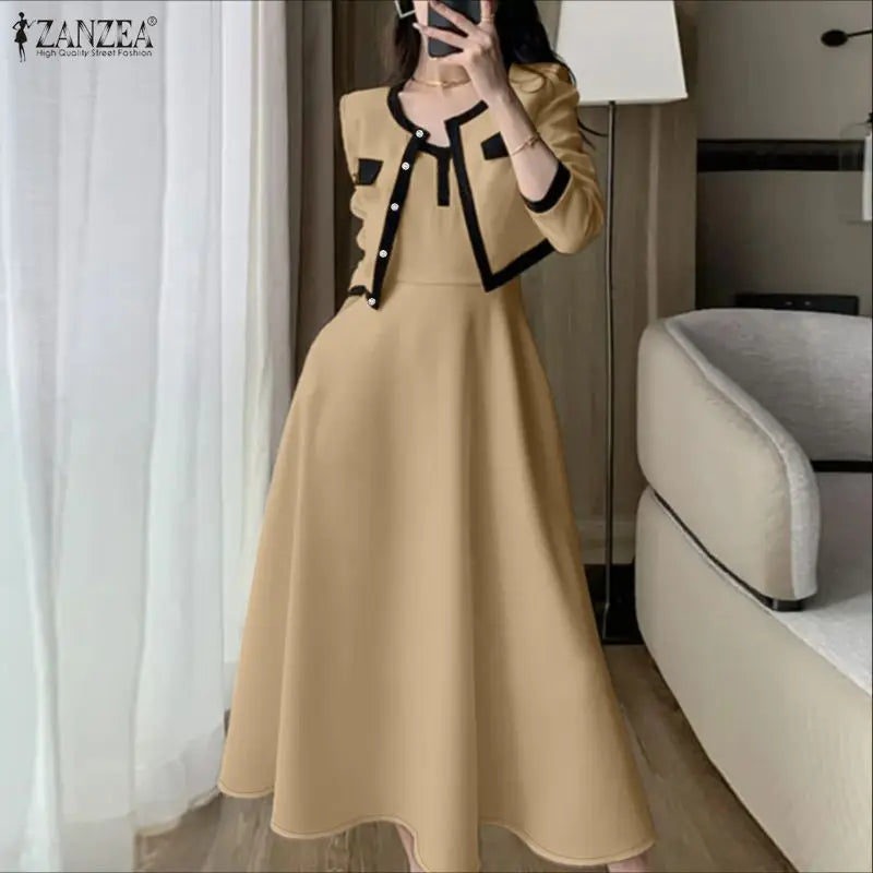 ZANZEA Elegant Women OL Work Dress Sets 2026 Spring Office Outfits Long Sleeve Slim Fit Cropped Tops Cardigan Maxi Tanks Dress