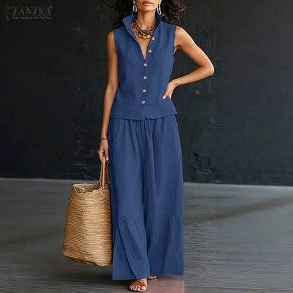 2026 ZANZEA Summer Wide Leg Pant Sets Stylish Lapel Neck Sleeveless Shirt Trousers Suit Women Solid OL Work Outfits 2 Piece Sets
