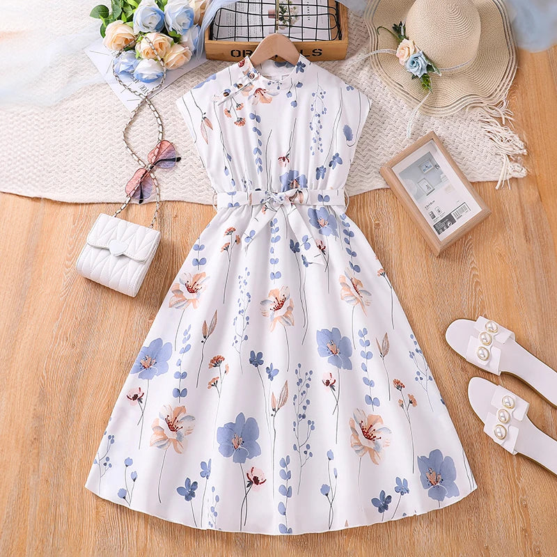 Kids Dress For  8-12 Years Girls White Crew Neck Sleeveless Floral Dress & Belt Elegant Beach Holiday Children's Clothing