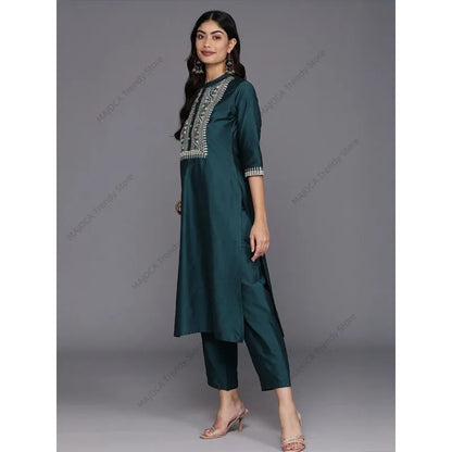 Traditional Indian Kurta 3Pcs Set with Dupatta Women Embroidered Silk Blend Pakistani Dress Elegant Dark Green Ethnic Clothing