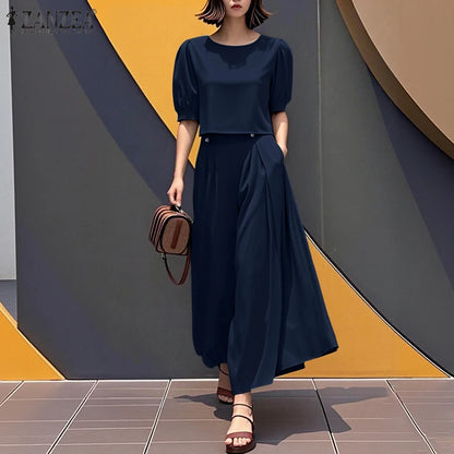 2026 ZANZEA Elegant Women Short Puff Sleeve Cropped Blouse Wide Leg Pant Sets Fashion Summer 2 Piece Sets Solid OL Work Outfits