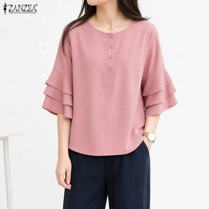 ZANZEA Women Blouse 3/4 Sleeve Tunic Top Ruffles Sleeve Elegant Office Casual O-Neck Button Solid Summer Blusas Oversize