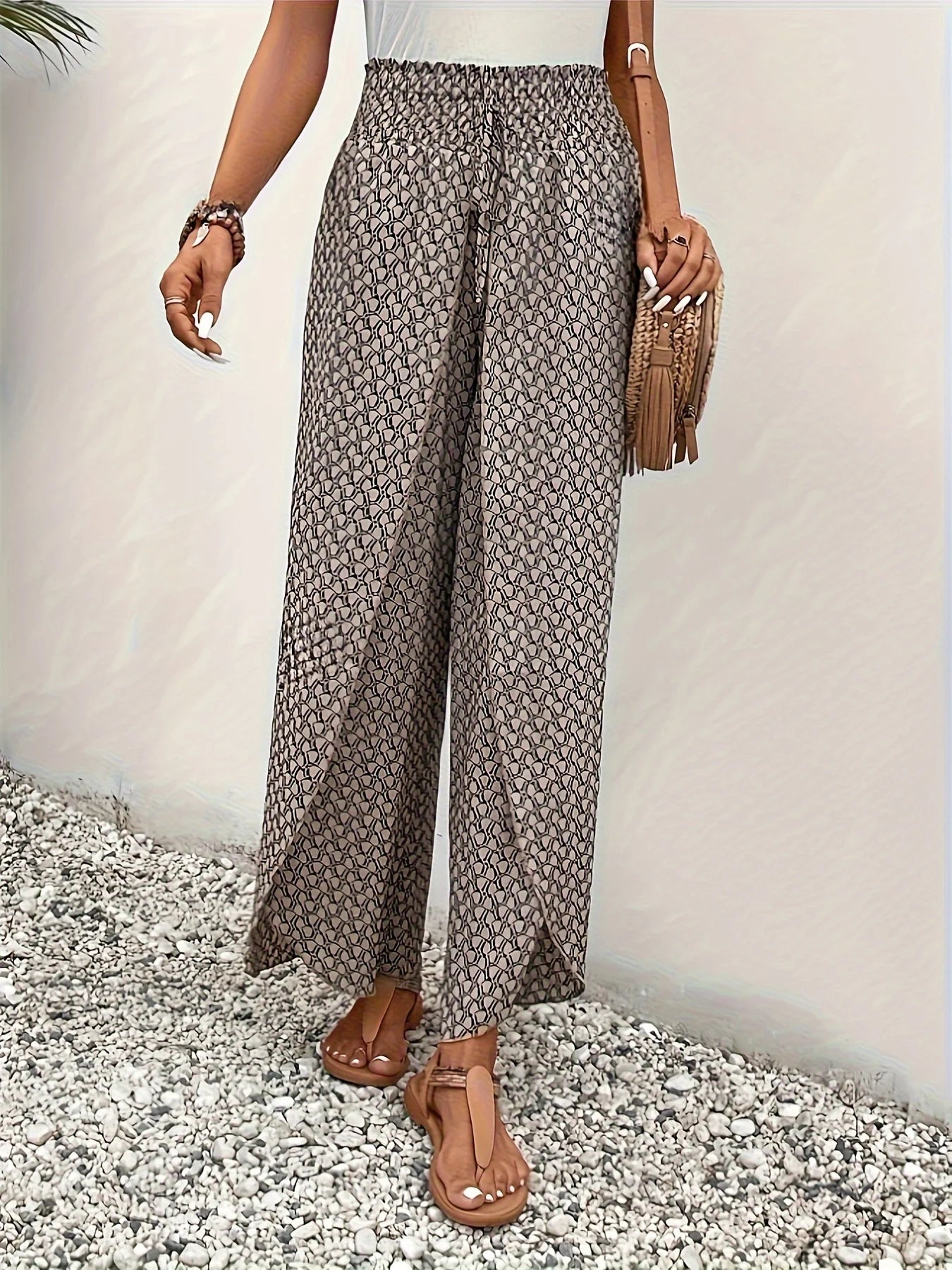 Spring Summer Women Elegant Wide Legs Pants Casual Vacation Beach Print Trousers Office Lady Loose High Waist Pants