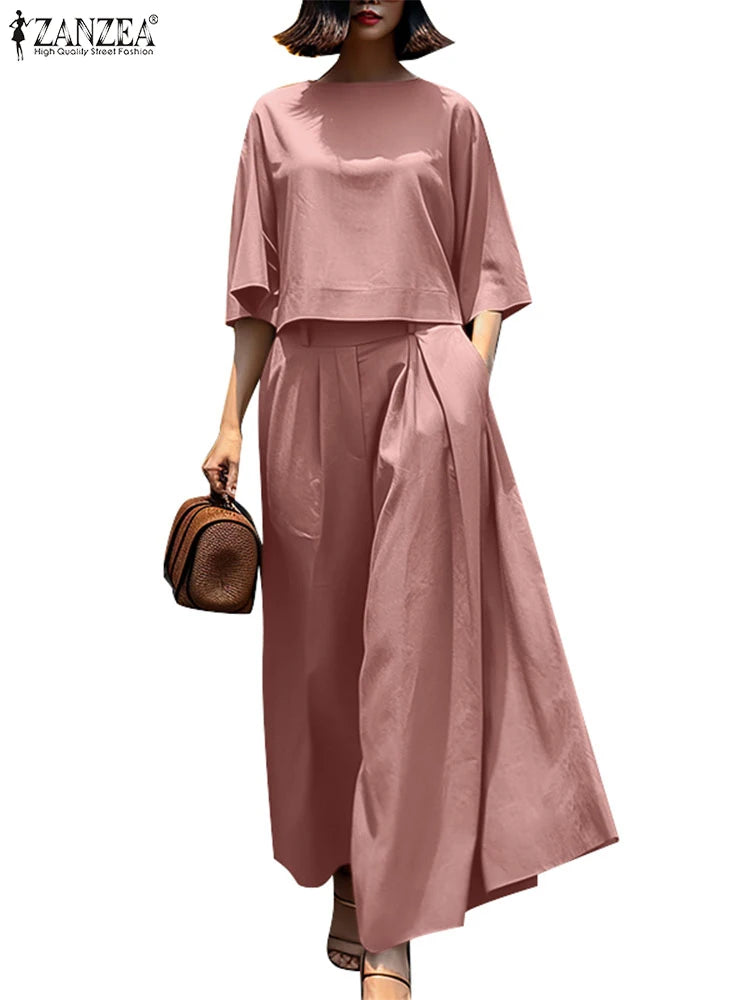 ZANZEA Summer Pant Sets 2025 Fashion Matching Sets Women Baggy Blouse Wide Leg Trousers Suit 2pcs Outfits Solid Work Tracksuits