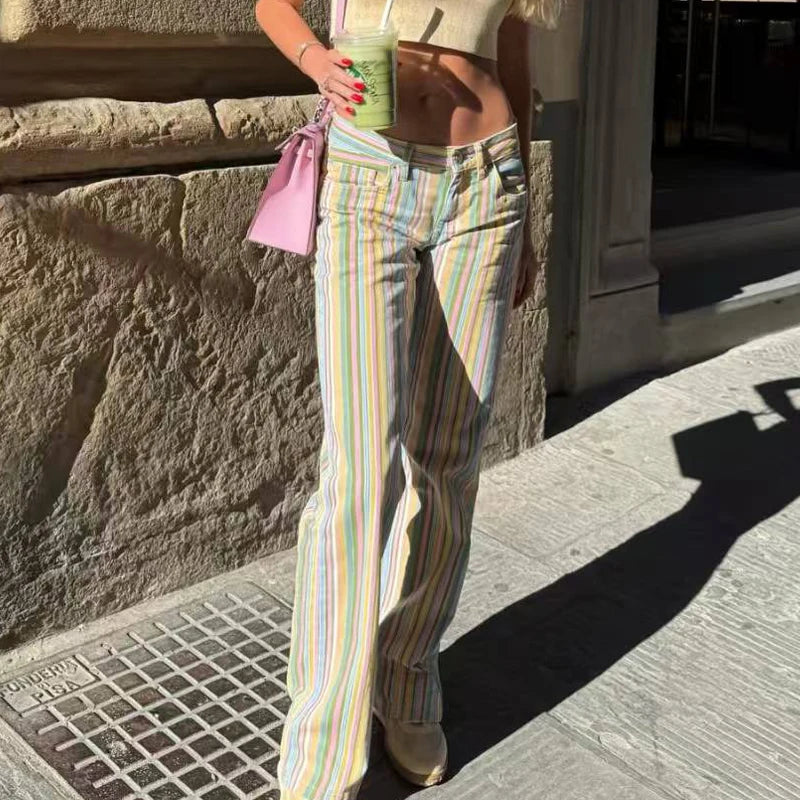 HXAO 2026 Jeans For Woman Rainbow Striped Baggy Jeans Pants Y2K Denim Wide Leg Pants Colorful Cowboy Summer Pants Streetwear