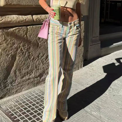 HXAO 2026 Jeans For Woman Rainbow Striped Baggy Jeans Pants Y2K Denim Wide Leg Pants Colorful Cowboy Summer Pants Streetwear