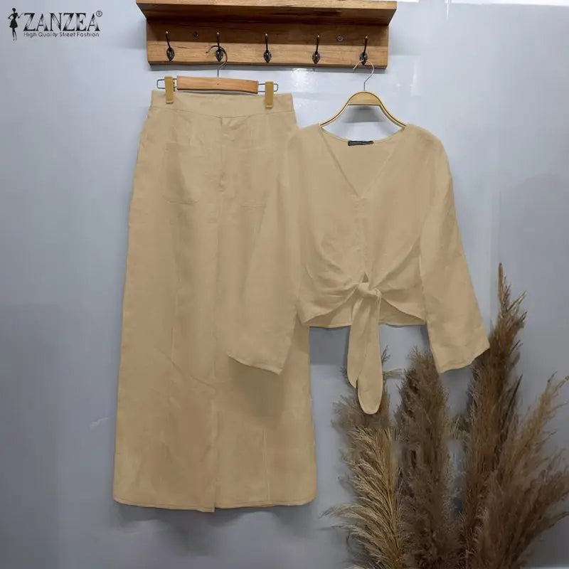 ZANZEA Women's Stylish 2-Piece Sets Long Sleeve V-Neck Tied-Hem Blouse & Wide Leg Pant Matching Sets Minimalist Casual Co-ords