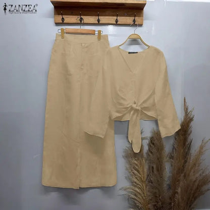 ZANZEA Women's Stylish 2-Piece Sets Long Sleeve V-Neck Tied-Hem Blouse & Wide Leg Pant Matching Sets Minimalist Casual Co-ords