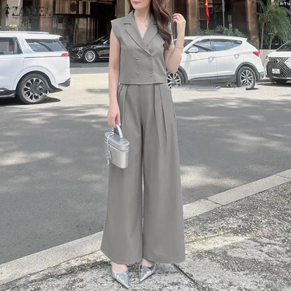 ZANZEA Women's Elegant Pant Sets Lapel Collar Sleeveless Top & Wide Leg Pant 2 Piece Suits Office Lady Commute Work Outfits