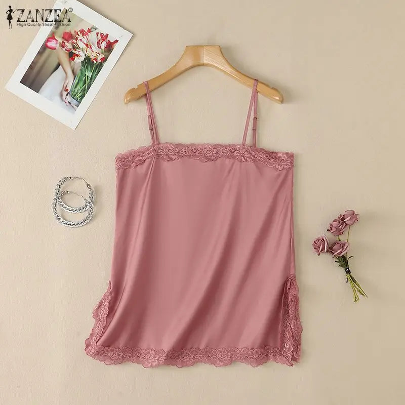 ZANZEA Woman Elegant Spaghetti Straps Satin Tank Top Lace Trim Square Neck Slit Hem Sleeveless Tops Summer Date Night Blouses