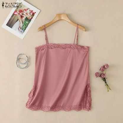 ZANZEA Woman Elegant Spaghetti Straps Satin Tank Top Lace Trim Square Neck Slit Hem Sleeveless Tops Summer Date Night Blouses