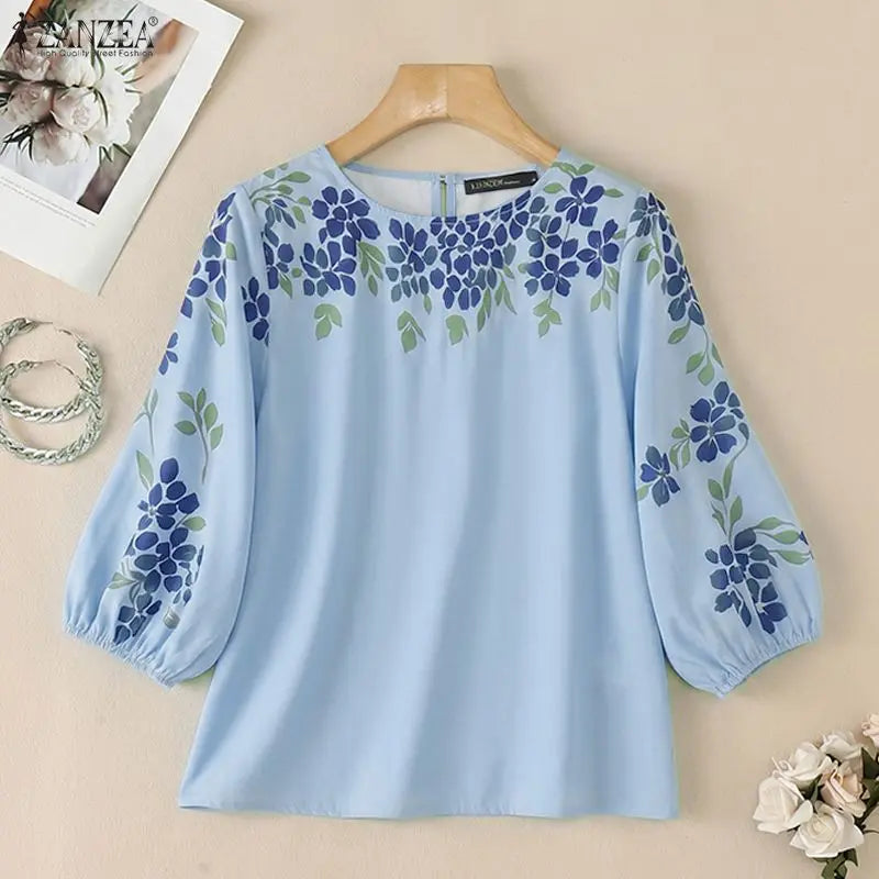 ZANZEA 2026 Woman Floral Print Blouses Elegant O-Neck 3/4 Puff Sleeve Tops Summer Casual Vacation Everyday Wear Blusas de Mujer