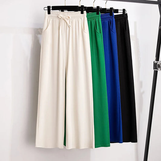 155Kg Plus Size Women's Loose Straight Pants Thin Summer High Waist Closed Ice Silk Trouser Hip 150 5XL 6XL 7XL 8XL 9XL 4 Colors