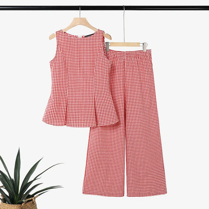 ZANZEA 2026 Women Gingham Check 2-Piece Matching Sets O-Neck Tank Tops & Wide Leg Pants Suits Summer Casual Streetwear Co-ords