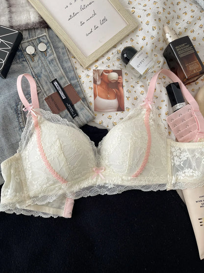 Lace lingerie for women wireless push-up bra for small breasts enhances cleavage & lifts side support to gather underarm fat