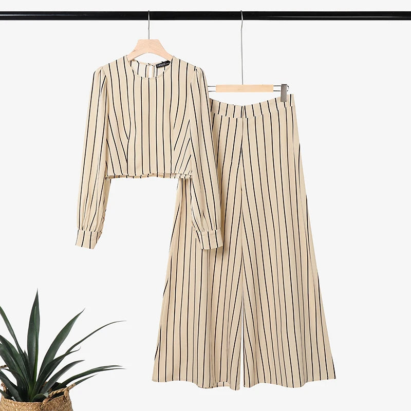 ZANZEA Autumn 2PCS Outfits Striped Work Pant Sets Stylish Women O Neck Long Sleeve Cropped Tops Wide Leg Trousers Matching Sets