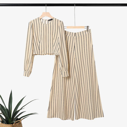 ZANZEA Autumn 2PCS Outfits Striped Work Pant Sets Stylish Women O Neck Long Sleeve Cropped Tops Wide Leg Trousers Matching Sets