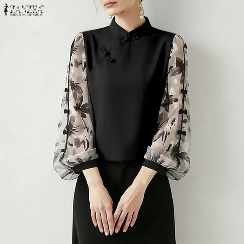 ZANZEA Summer Woman Vintage Blouses Mandarin Collar Floral Printed Puff Sleeves Bows Detail Tunic Tops Casual Blusas de Mujer