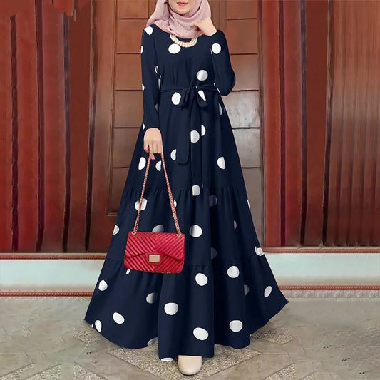 Women dress Eid Muslim Abaya Long Sleeve O Neck Dubai Abayas Ramadan Morocco Spliced Print Belt Long Robe Kaftan Casual Loose