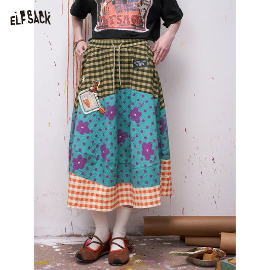 ELFSACK Sweet Floral Gingham Print Midi Skirt , Jacquard Flared A-Line Skirt, Cottagecore Cute Bottom for Women
