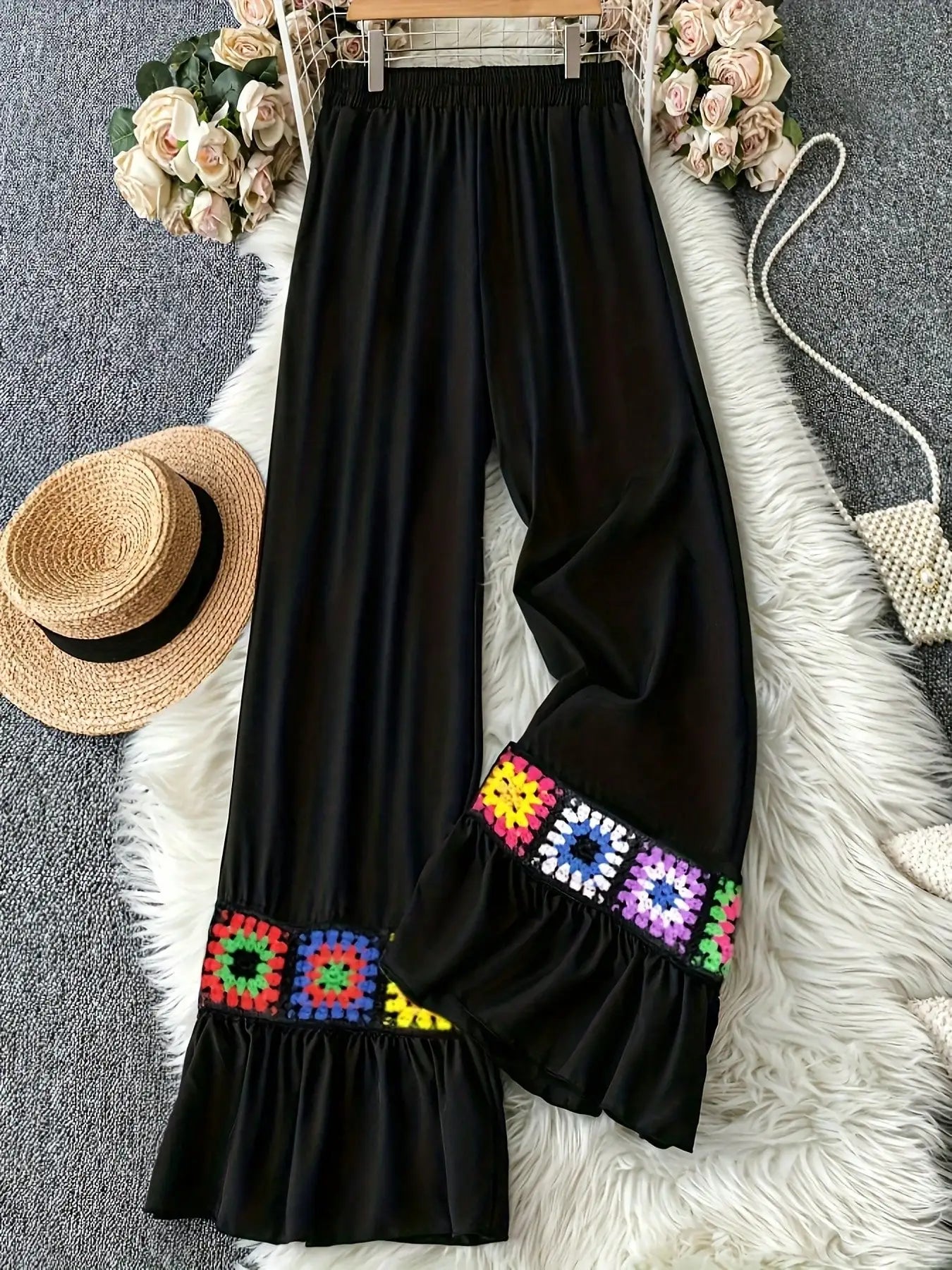 Forest style retro patchwork Bohemian style straight leg pants, summer new loose casual wide leg pants