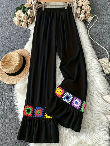 Forest style retro patchwork Bohemian style straight leg pants, summer new loose casual wide leg pants