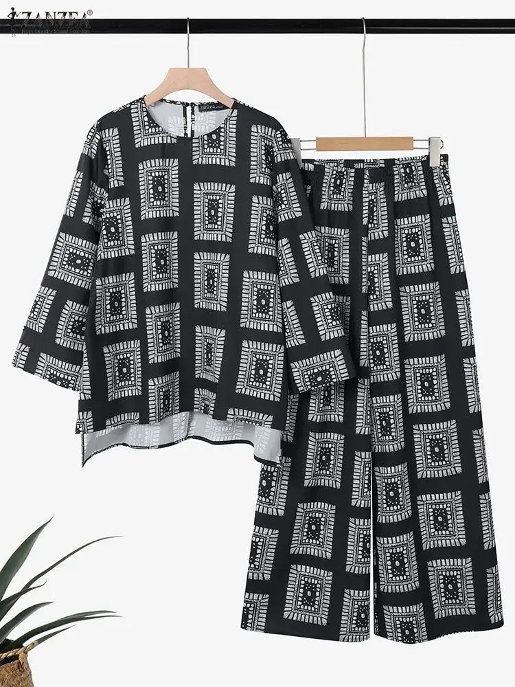 ZANZEA 2025 Autumn Printed Tracksuit Vintage Women Matching Sets Casual O Neck Long Sleeve Tops Wide Leg Pant Sets Loose Outfits