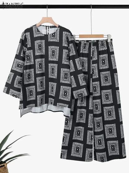 ZANZEA 2025 Autumn Printed Tracksuit Vintage Women Matching Sets Casual O Neck Long Sleeve Tops Wide Leg Pant Sets Loose Outfits