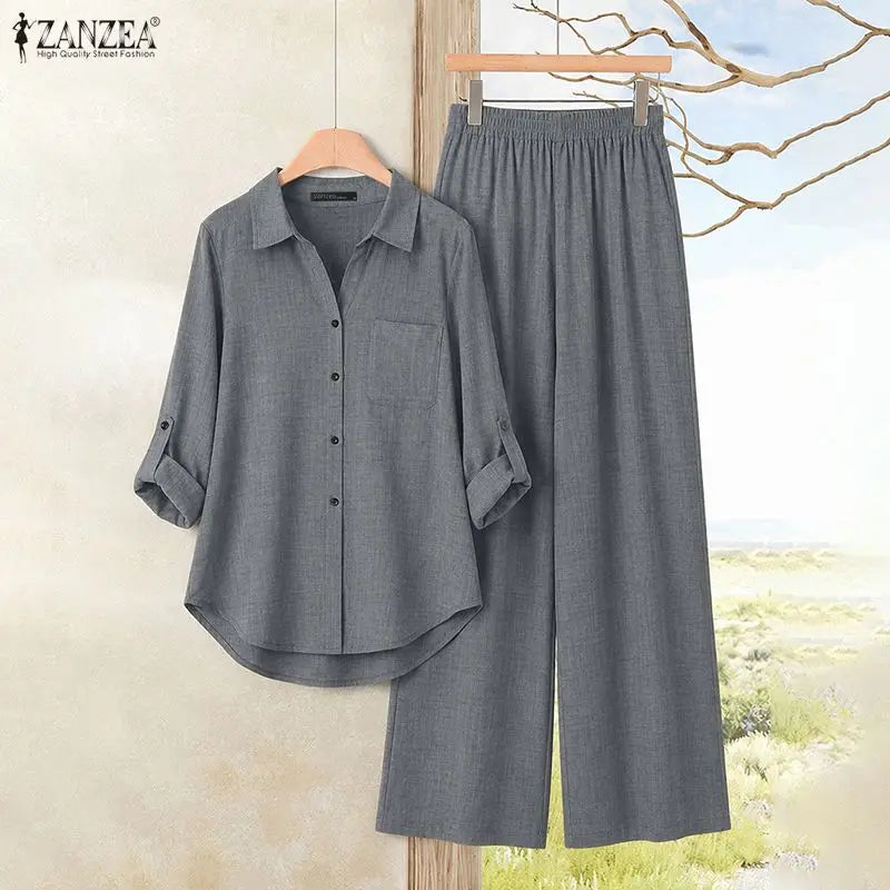 2026 Autumn Office Outfits ZANZEA Women Lapel Neck Long Sleeve Tops Pant Sets Casual Solid Color OL Work Tracksuit 2 Pieces Sets