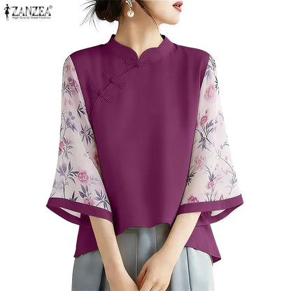 ZANZEA Vintage Style Blouses for Woman Mandarin Collar Floral Printed 3/4 Sleeve Tunic Tops Summer Elegant Blusas de Mujer