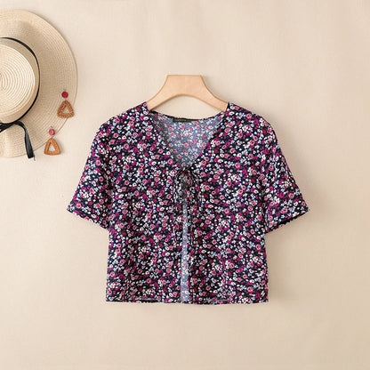ZANZEA Women Fashion Floral Print Cardigans V-Neck Short Sleeve Lace-Up Front Cover-Up 2026 Summer Vacation Streetwear Short Top