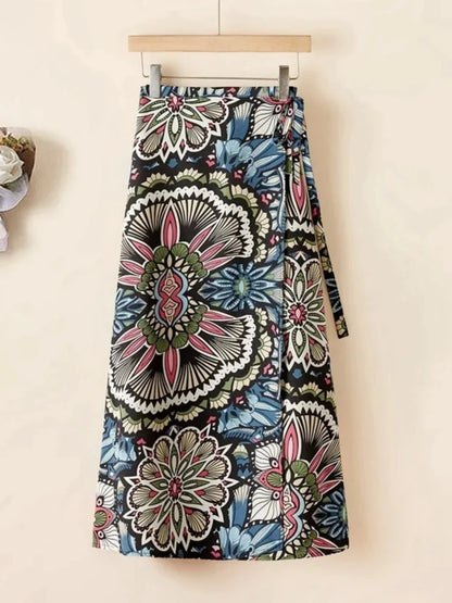 Vacation Style Wrap Skirt Beachside Long Skirt Women's High Waist A-Line Midi Skirt Floral Print One-Piece Summer Spring