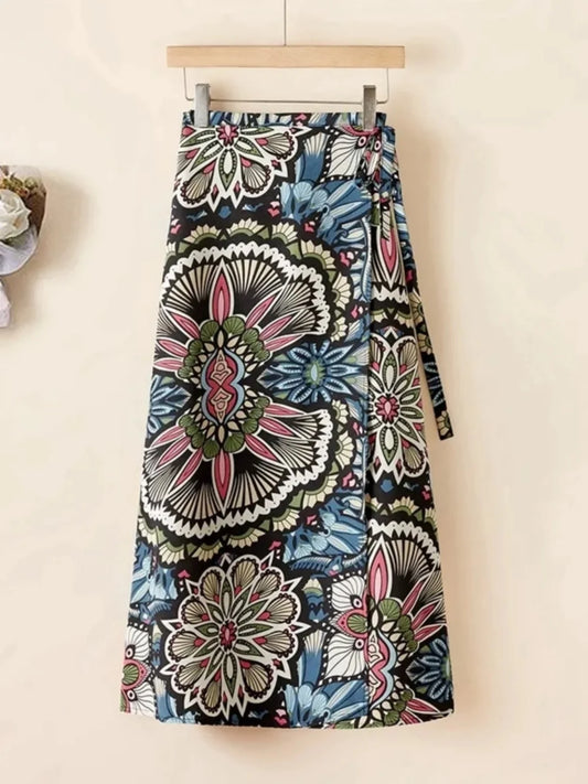 Vacation Style Wrap Skirt Beachside Long Skirt Women's High Waist A-Line Midi Skirt Floral Print One-Piece Summer Spring