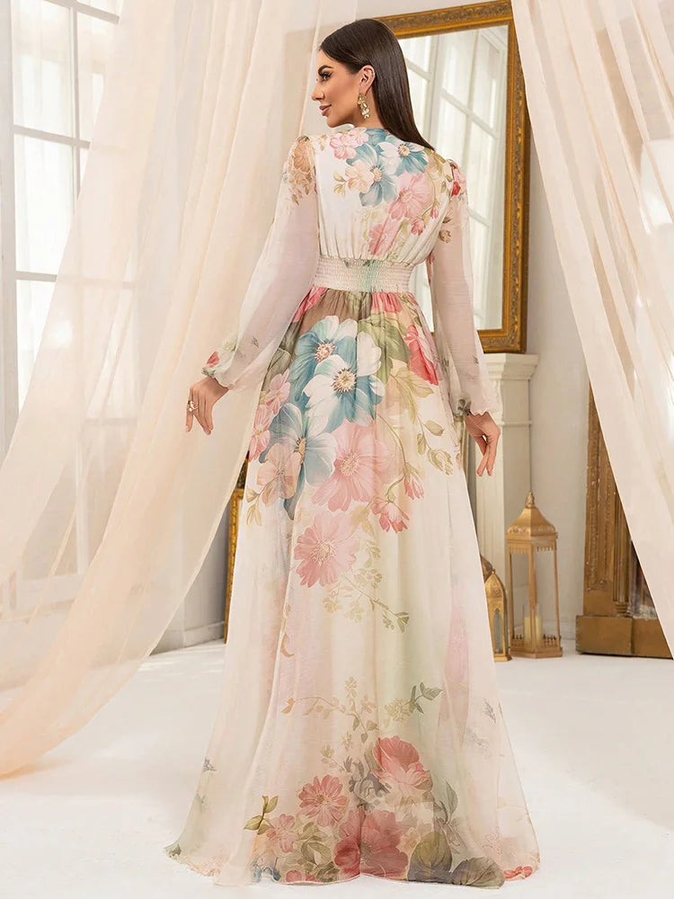 TOLEEN 2025 New Women's Cross Fashion Casual V-Neck Lantern Sleeve Random Flower Print Formal Elegant Party Long Maxi Dresses