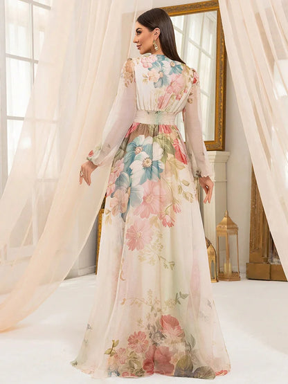 TOLEEN 2025 New Women's Cross Fashion Casual V-Neck Lantern Sleeve Random Flower Print Formal Elegant Party Long Maxi Dresses