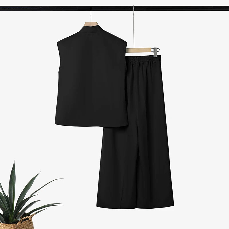 ZANZEA Summer Outfits Sleeveless Stand Neck Blouse Wide Leg Pant Sets Stylish Women 2 Pieces Sets Solid Color OL Work Tracksuit
