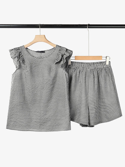 Stylish Smmer 2 Pieces Sets ZANZEA Women Outfits Elegant Sleeveless Blouse Short Sets Plaid Checked Tracksuit 2PCS Holiday Suit