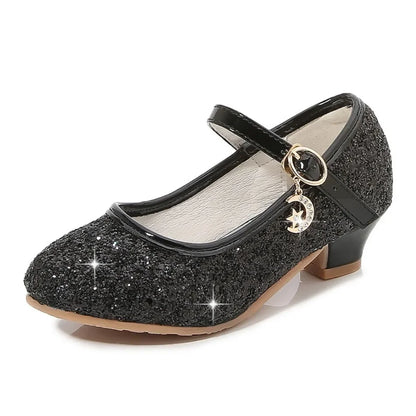 Girls Shoes Children High Heel Glitter Crystal Sandals Fashion Buckle Kids Princess Dance Shoe Student Performance Leather Shoes