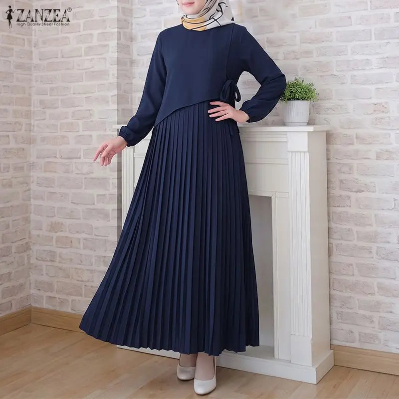 ZANZEA Elegant Muslim Abaya Dress Women O Neck Long Sleeve Pleated Sundress Solid Color Loose Maxi Long Dress Eid Ramadan Robe