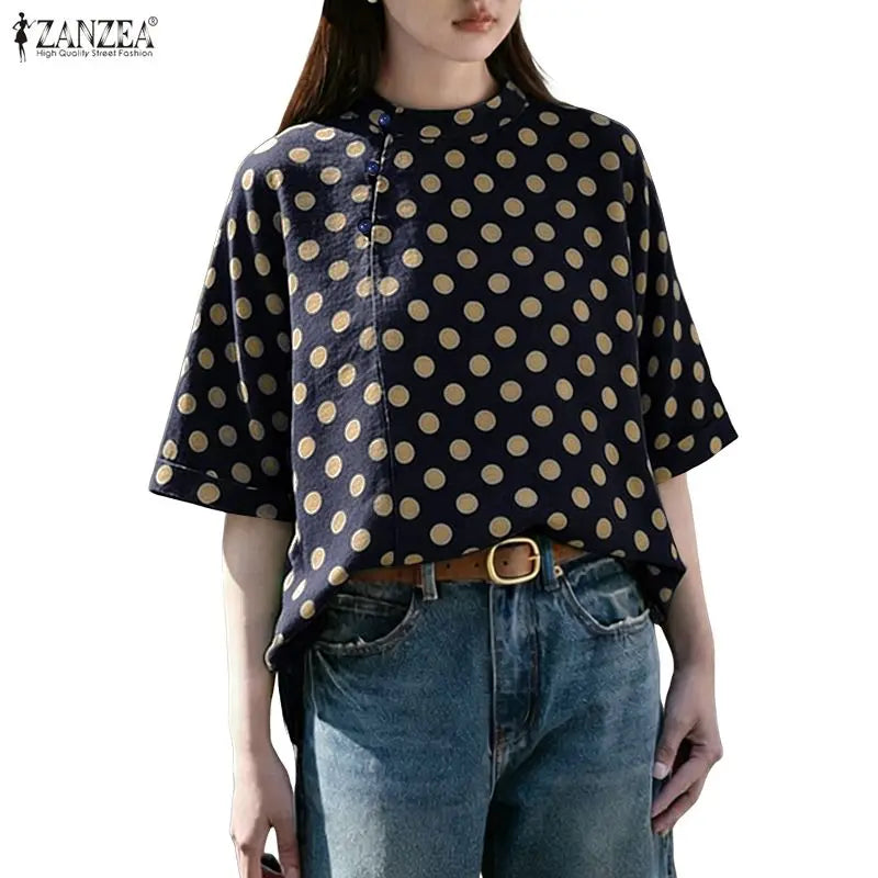 ZANZEA Summer Woman Polka Dot Blouses Vintage Mandarin Collar Half Sleeve Loose Tops Casual Daily Cotton Linen Blusas de Mujer