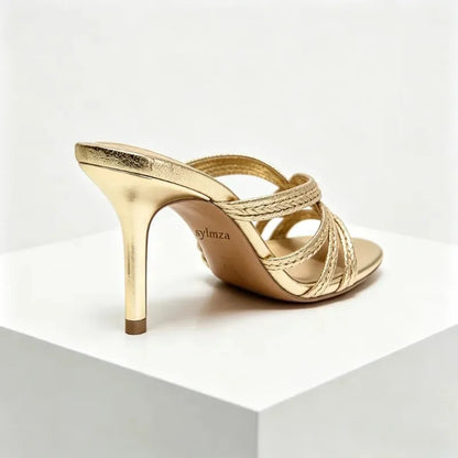 Golden Hollow Muels Sandals Women Sexy Thin High Heels for Ladies Elegant Gladiator Sandals Summer Comfortable Women Slippers