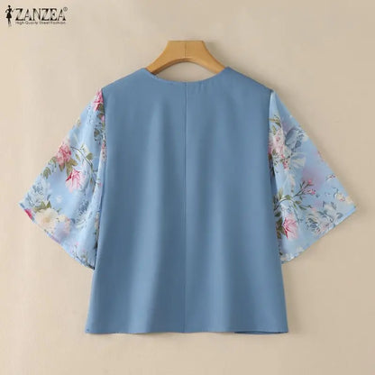 ZANZEA Woman Floral Print 3/4 Sleeve Blouses Elegant Patchwork V-Neck Pullover Tops 2026 Summer Daily Casual Blusas de Mujer