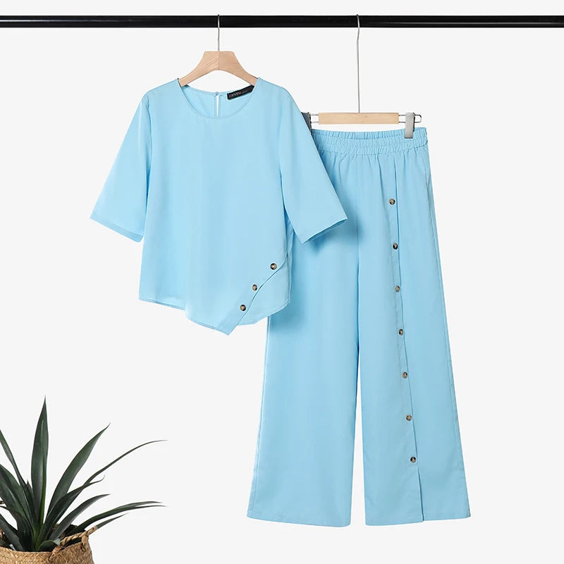ZANZEA Fashion Summer Half Sleeve Blouse Pant Sets 2026 Women Matching Sets 2PCS OL Work OutfitsAsymmetrical Tops Trousers Suit