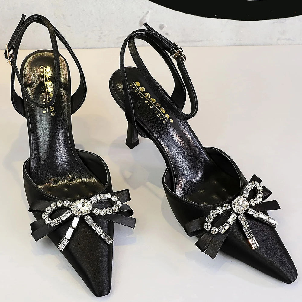 BIGTREE Shoes Summer Women Pumps Rhinestone Ribbon Bowknot High Heels Stilettos 8 cm High-Heeled Sandals Luxury Banquet Shoes