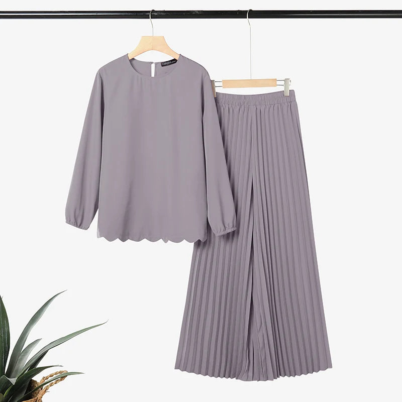 Ramadan Outfits Muslim 2 Pieces Sets Hijab Tracksuit ZANZEA Summer Women O Neck Long Sleeve Tops Pleated Pant Sets Eid Mubarek
