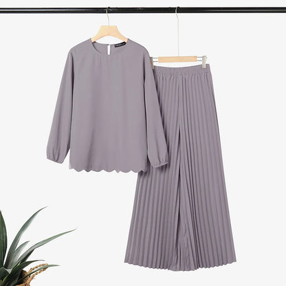 Ramadan Outfits Muslim 2 Pieces Sets Hijab Tracksuit ZANZEA Summer Women O Neck Long Sleeve Tops Pleated Pant Sets Eid Mubarek