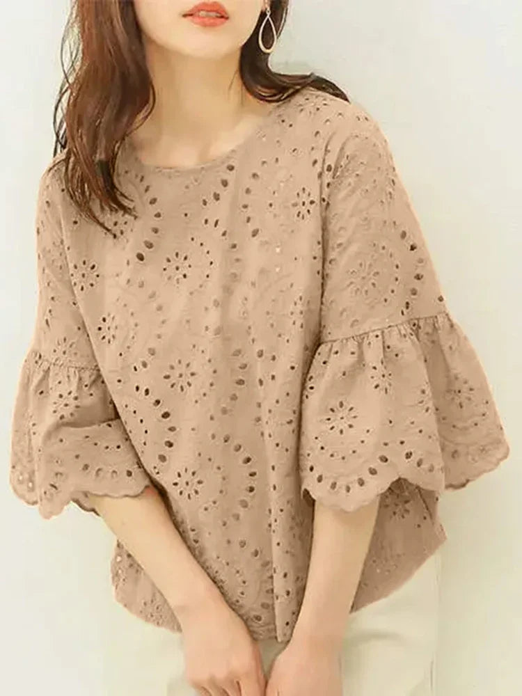 ZANZEA 3/4 Ruffle Sleeve Loose Blusa Women Hollow Out Lace Patchwork Solid Color Tops Everyday 2024 Summer Casual Elegant Blouse
